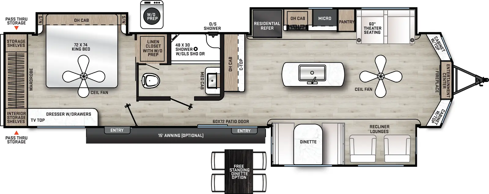 The 39FLTS has three slide outs and two entry doors. Exterior features an optional 15 foot awning and rear pass-thru storage. Interior layout front to back: entertainment center, with fireplace below and cabinet with top on either side; off door side slide out with theater seating, pantry, microwave, cook top stove, overhead cabinet, and residential refrigerator; kitchen island with sink and paddle fan; door side slide out with recliner lounges and dinette; countertop with overhead cabinet along inner wall; patio door entry; off door side full bathroom with medicine cabinet; rear bedroom with off door side king bed slide out with overhead cabinet and night stands on each side, linen closet with washer/dryer prep, dresser with drawers and TV top on door side, rear wardrobe with storage shelves, and second entry door. Optional free standing dinette available in place of standard dinette.